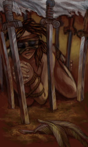 A woman with pale skin and tousled brown hair lies bound and nude in a circle of swords. Her tied wrists are held as if praying and her face is covered by a dirty blindfold. On the bare ground in front of her are two broken feathers, and above her flies a ragged blue banner.